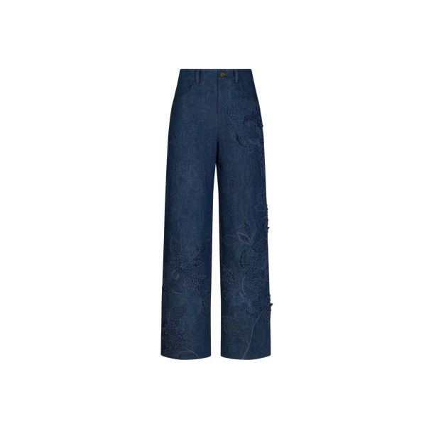 Oscar de la Renta Porcelain Flower Cutout Denim Pant - Pants - American Luxury Evening Wear at Luxury Shoes 