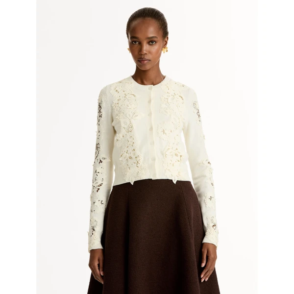 Oscar de la Renta Porcelain Flower Guipure Insert Cardigan - Knitwear - American Luxury Evening Wear at Luxury Shoes 