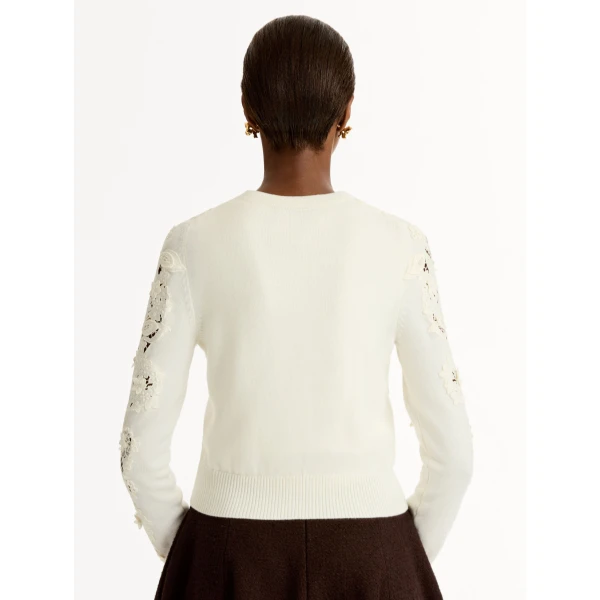 Oscar de la Renta Porcelain Flower Guipure Insert Cardigan - Knitwear - American Luxury Evening Wear at Luxury Shoes 