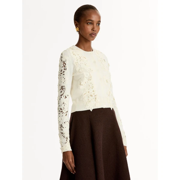 Oscar de la Renta Porcelain Flower Guipure Insert Cardigan - Knitwear - American Luxury Evening Wear at Luxury Shoes 