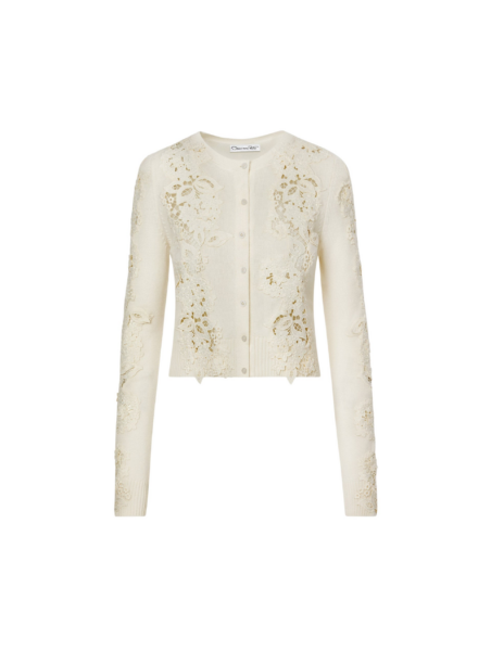 Oscar de la Renta Porcelain Flower Guipure Insert Cardigan - Knitwear - American Luxury Evening Wear at Luxury Shoes 