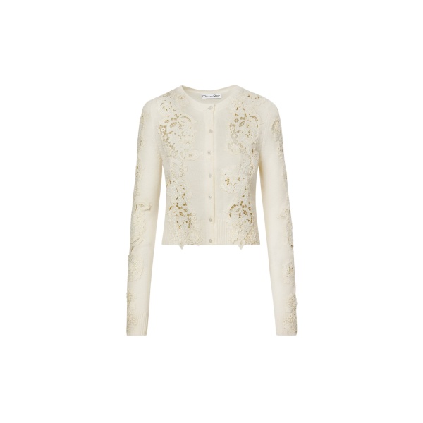 Oscar de la Renta Porcelain Flower Guipure Insert Cardigan - Knitwear - American Luxury Evening Wear at Luxury Shoes 