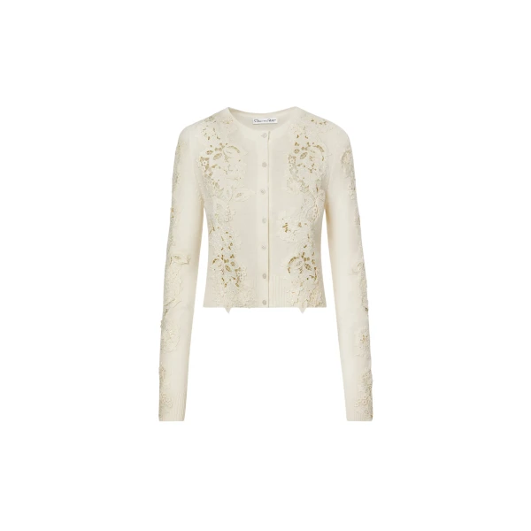 Oscar de la Renta Porcelain Flower Guipure Insert Cardigan - Knitwear - American Luxury Evening Wear at Luxury Shoes 