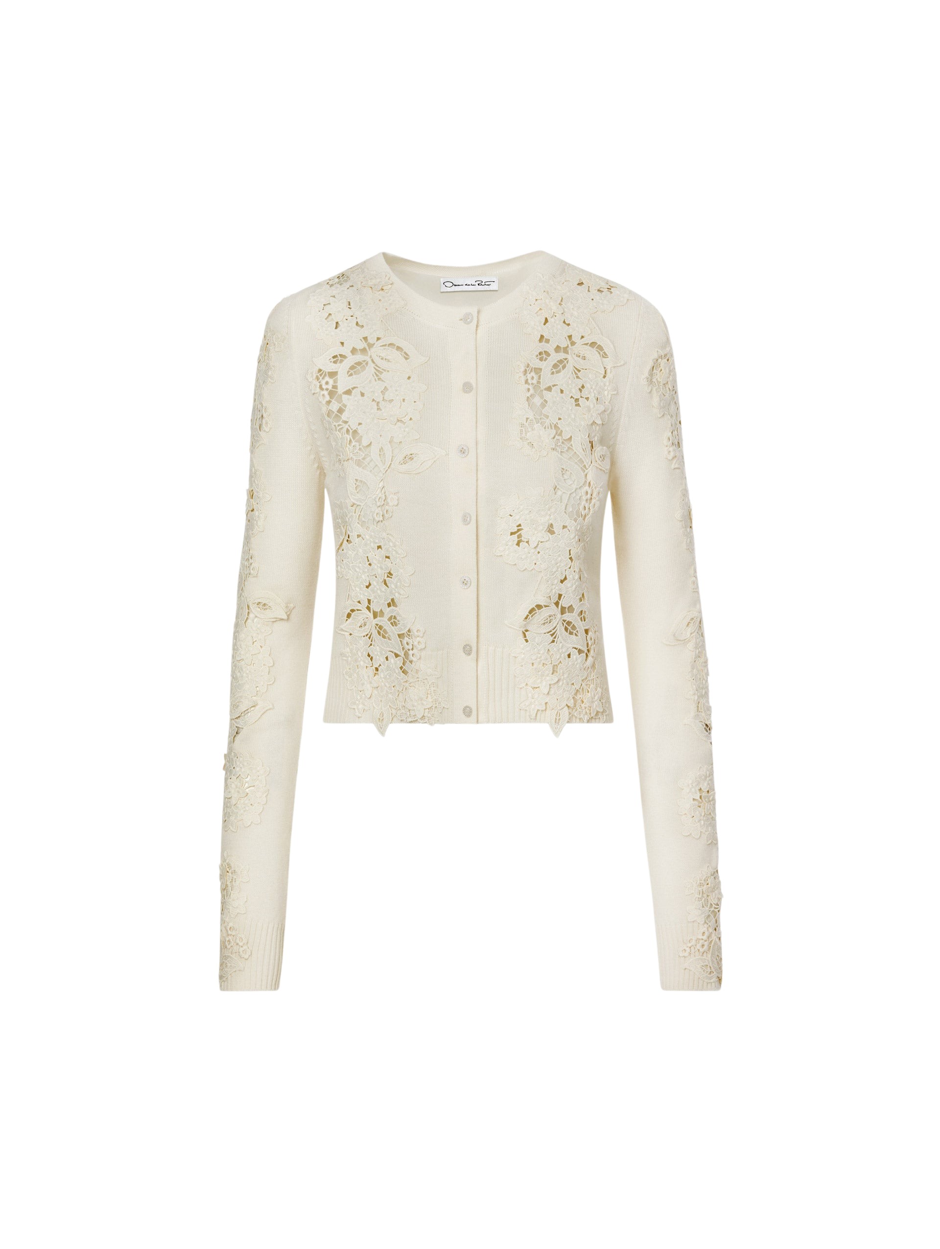 Porcelain-Flower-Guipure-Insert-Cardigan-Oscar-de-la-Renta-Knitwear73161_nobg Oscar de la Renta Porcelain Flower Guipure Insert Cardigan - Knitwear - American Luxury Evening Wear at Luxury Shoes