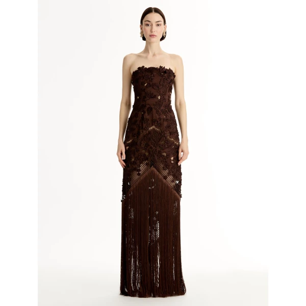 Oscar de la Renta Porcelain Flower Lattice Fringe Gown - Dresses - American Luxury Evening Wear at Luxury Shoes 