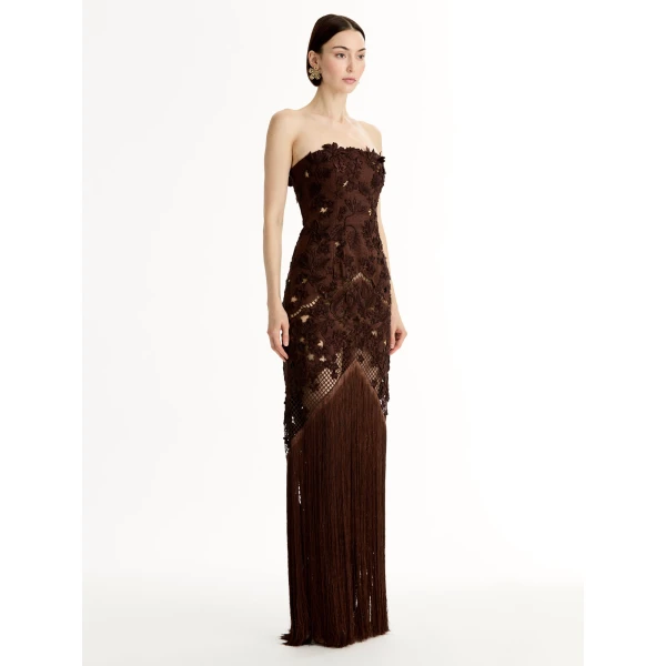 Oscar de la Renta Porcelain Flower Lattice Fringe Gown - Dresses - American Luxury Evening Wear at Luxury Shoes 