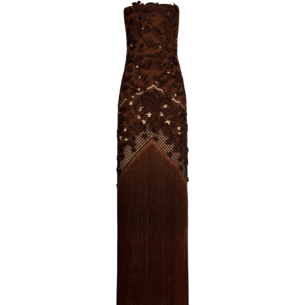 Oscar de la Renta Porcelain Flower Lattice Fringe Gown