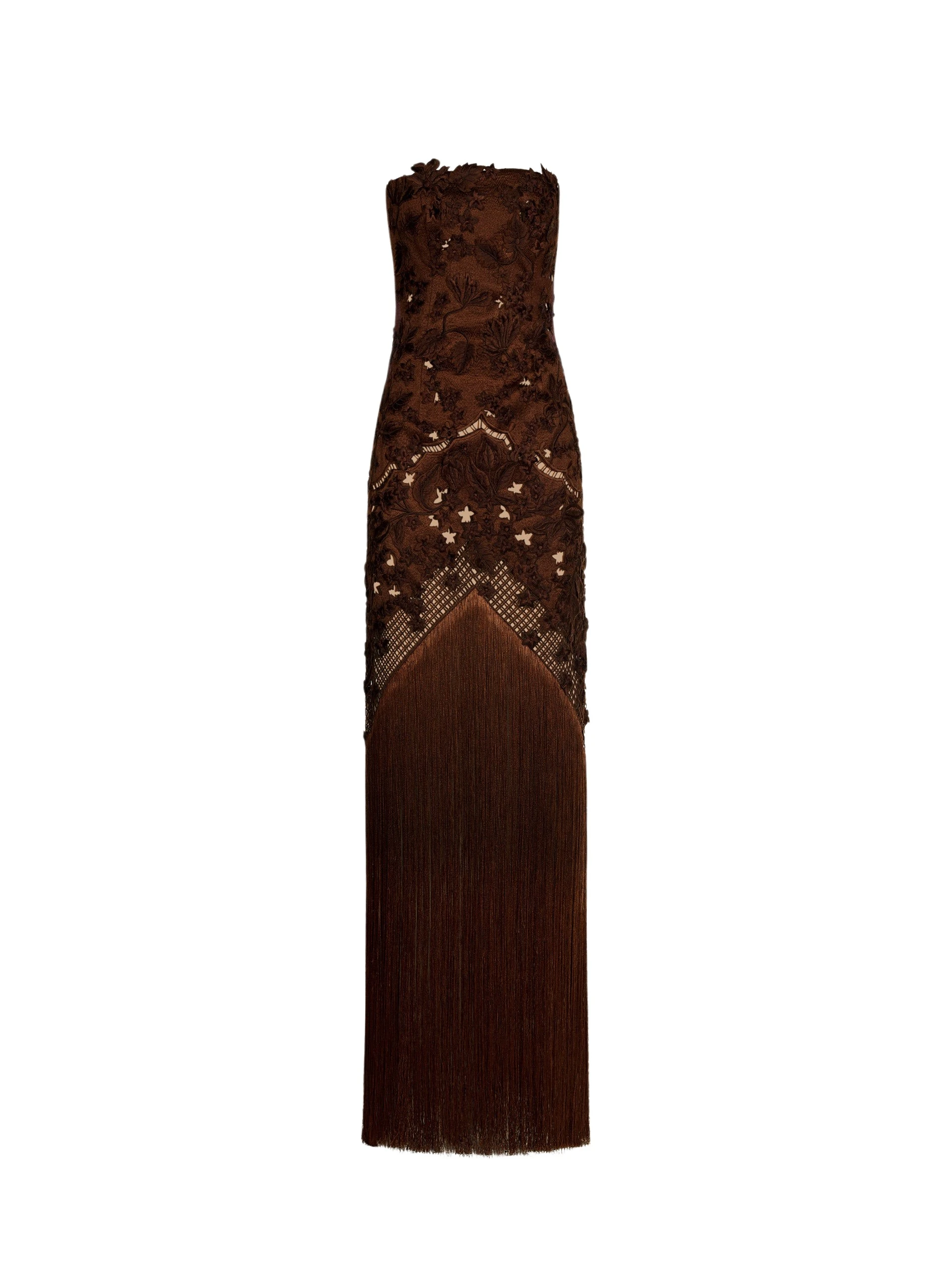 Oscar de la Renta Porcelain Flower Lattice Fringe Gown
