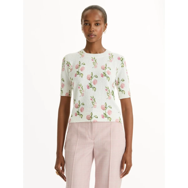Oscar de la Renta Porcelain Flower-Printed Embroidered Pullover - Knitwear - American Luxury Evening Wear at Luxury Shoes 