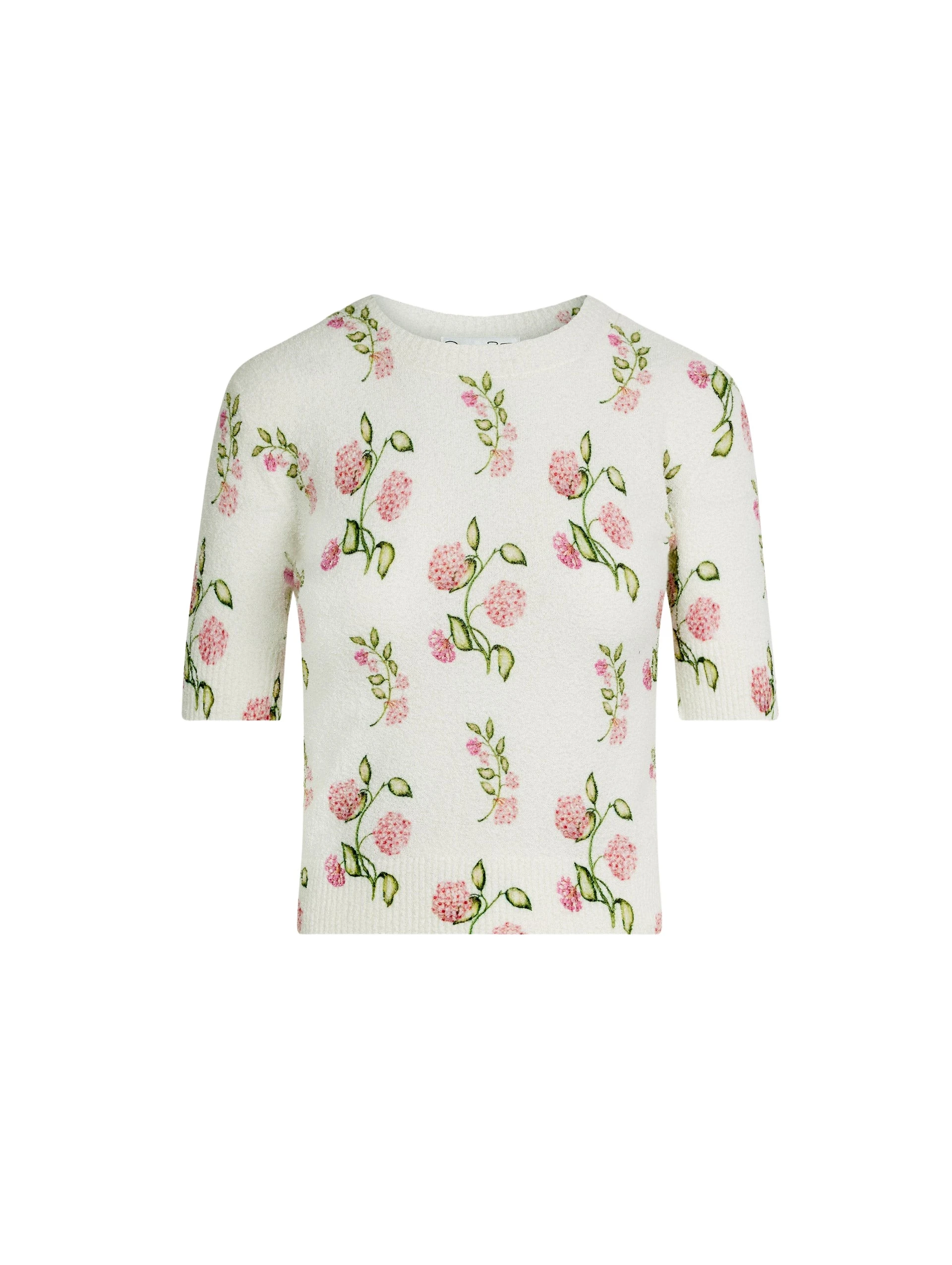 Oscar de la Renta Porcelain Flower-Printed Embroidered Pullover Knit