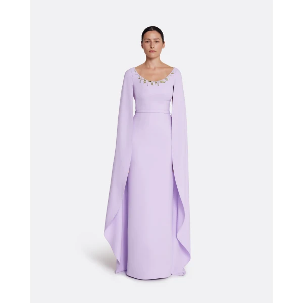 Safiyaa Agata Long Dress in Verbena with Gold - Safiyaa Dresses - Heavy Crepe Cape Gown - Shop at Luxury Shoes 