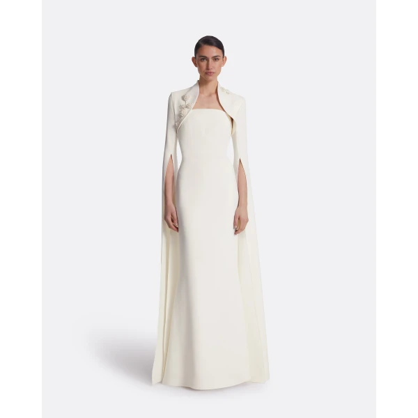 Safiyaa Amari Ivory Harness & Soshin Dress With Carnation Embroidery - Safiyaa Dresses - Heavy Crepe Cape Gown - Shop at Luxury Shoes 