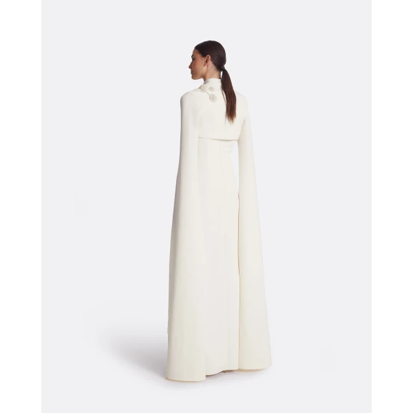 Safiyaa Amari Ivory Harness & Soshin Dress With Carnation Embroidery - Safiyaa Dresses - Heavy Crepe Cape Gown - Shop at Luxury Shoes 