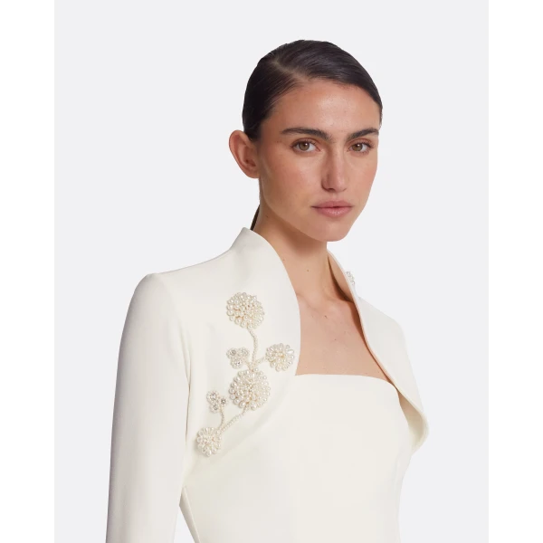 Safiyaa Amari Ivory Harness & Soshin Dress With Carnation Embroidery - Safiyaa Dresses - Heavy Crepe Cape Gown - Shop at Luxury Shoes 