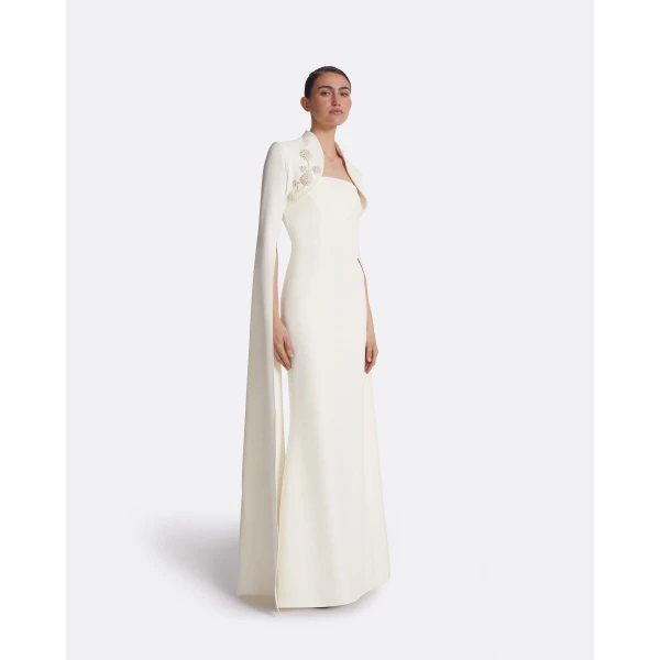 Safiyaa Amari Ivory Harness & Soshin Dress With Carnation Embroidery - Safiyaa Dresses - Heavy Crepe Cape Gown - Shop at Luxury Shoes 