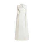 Safiyaa Amari Ivory Harness & Soshin Dress With Carnation Embroidery - Safiyaa Dresses - Heavy Crepe Cape Gown - Shop at Luxury Shoes 