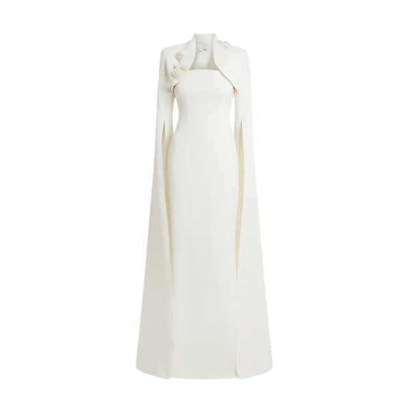 Safiyaa Amari Ivory Harness & Soshin Dress With Carnation Embroidery - Safiyaa Dresses - Heavy Crepe Cape Gown - Shop at Luxury Shoes 