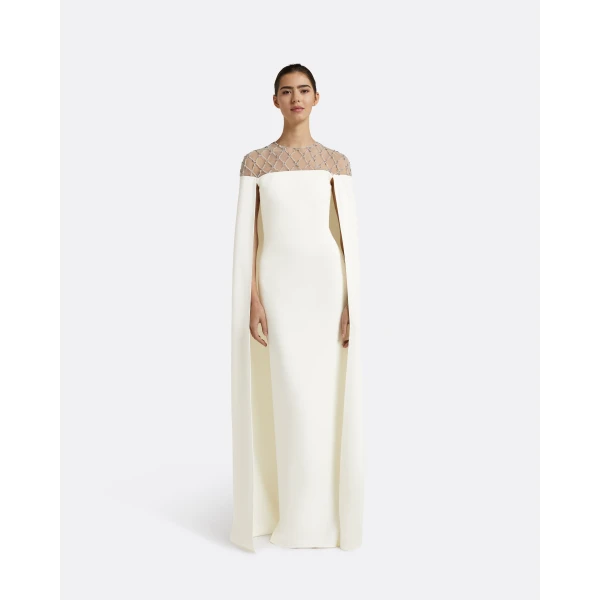 Safiyaa Ambere Ivory Long Dress - Safiyaa Dresses - Heavy Crepe Cape Gown - Shop at Luxury Shoes 