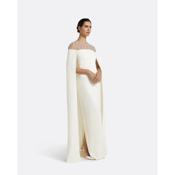 Safiyaa Ambere Ivory Long Dress - Safiyaa Dresses - Heavy Crepe Cape Gown - Shop at Luxury Shoes 