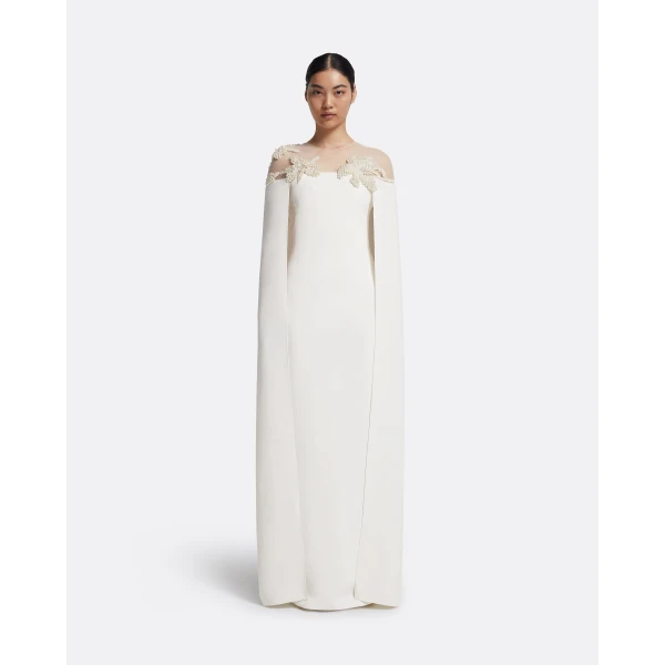 Safiyaa Ambere Long Dress in Ivory with Pearl Embroidery - Safiyaa Dresses - Heavy Crepe Cape Gown - Shop at Luxury Shoes 