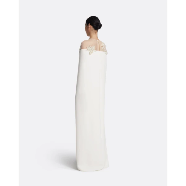 Safiyaa Ambere Long Dress in Ivory with Pearl Embroidery - Safiyaa Dresses - Heavy Crepe Cape Gown - Shop at Luxury Shoes 
