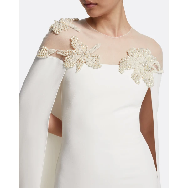 Safiyaa Ambere Long Dress in Ivory with Pearl Embroidery - Safiyaa Dresses - Heavy Crepe Cape Gown - Shop at Luxury Shoes 