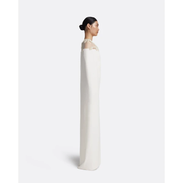 Safiyaa Ambere Long Dress in Ivory with Pearl Embroidery - Safiyaa Dresses - Heavy Crepe Cape Gown - Shop at Luxury Shoes 