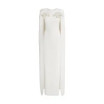 Safiyaa Ambere Long Dress in Ivory with Pearl Embroidery - Safiyaa Dresses - Heavy Crepe Cape Gown - Shop at Luxury Shoes 