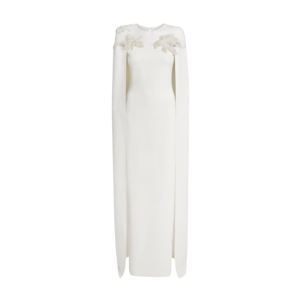 Safiyaa Ambere Long Dress in Ivory with Pearl Embroidery - Safiyaa Dresses - Heavy Crepe Cape Gown - Shop at Luxury Shoes 