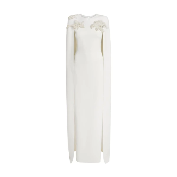 Safiyaa Ambere Long Dress in Ivory with Pearl Embroidery - Safiyaa Dresses - Heavy Crepe Cape Gown - Shop at Luxury Shoes 