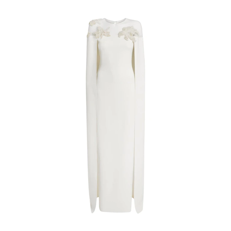 Safiyaa Ambere Long Dress in Ivory with Pearl Embroidery - Safiyaa Dresses - Heavy Crepe Cape Gown - Shop at Luxury Shoes 