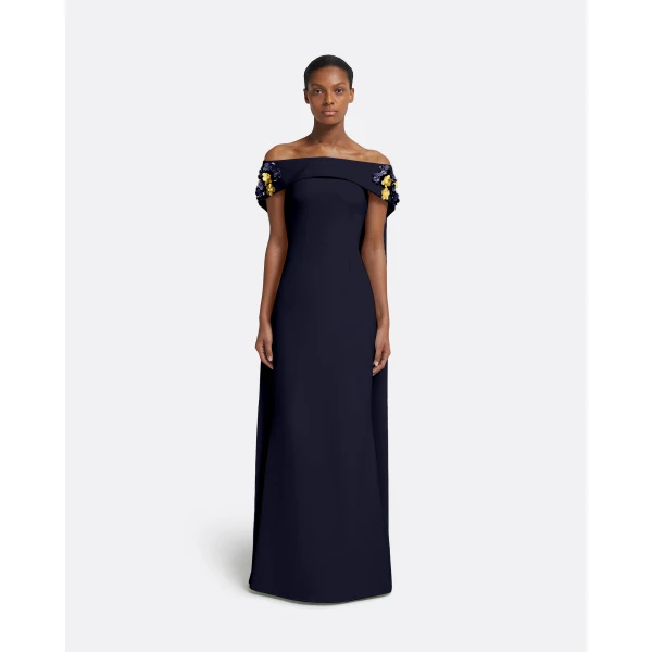 Safiyaa Arabella Harness With Soshin Dress in Azurite - Safiyaa Dresses - Heavy Crepe Cape Gown - Shop at Luxury Shoes 