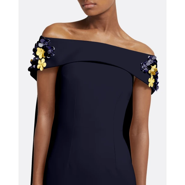Safiyaa Arabella Harness With Soshin Dress in Azurite - Safiyaa Dresses - Heavy Crepe Cape Gown - Shop at Luxury Shoes 