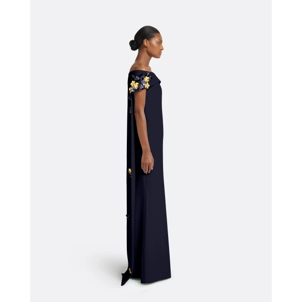 Safiyaa Arabella Harness With Soshin Dress in Azurite - Safiyaa Dresses - Heavy Crepe Cape Gown - Shop at Luxury Shoes 