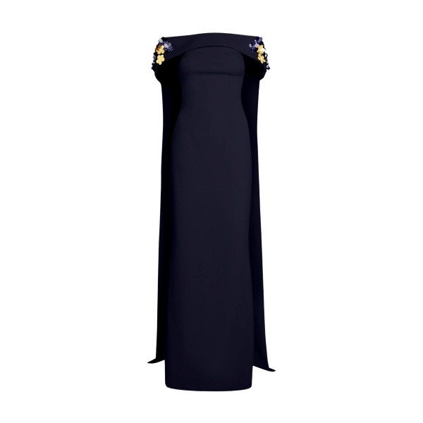 Safiyaa Arabella Harness With Soshin Dress in Azurite - Safiyaa Dresses - Heavy Crepe Cape Gown - Shop at Luxury Shoes 