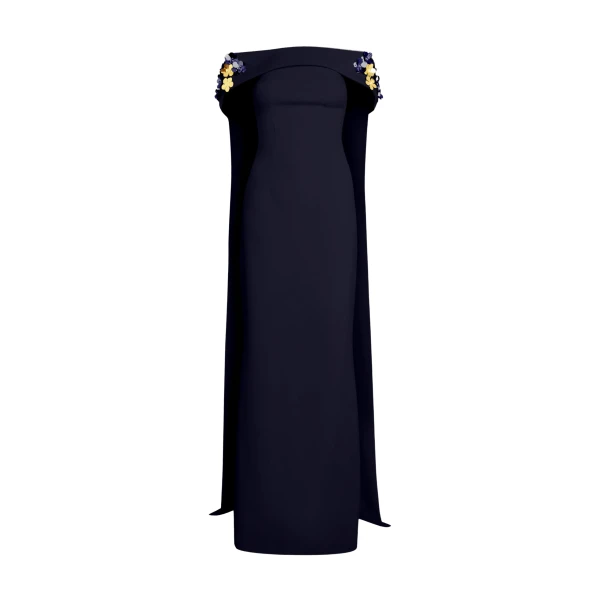 Safiyaa Arabella Harness With Soshin Dress in Azurite - Safiyaa Dresses - Heavy Crepe Cape Gown - Shop at Luxury Shoes 