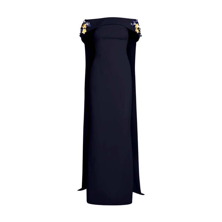 Safiyaa Arabella Harness With Soshin Dress in Azurite - Safiyaa Dresses - Heavy Crepe Cape Gown - Shop at Luxury Shoes 