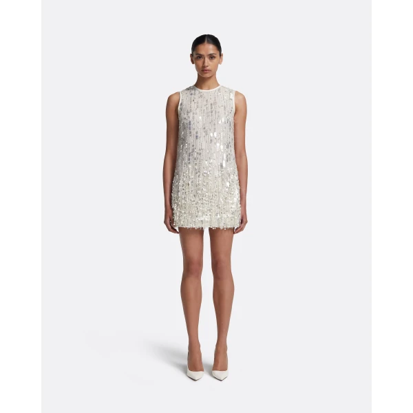 Safiyaa Ariana Short Dress in Ivory with Crystal Embellishment - Safiyaa Dresses - Heavy Crepe Cape Gown - Shop at Luxury Shoes 