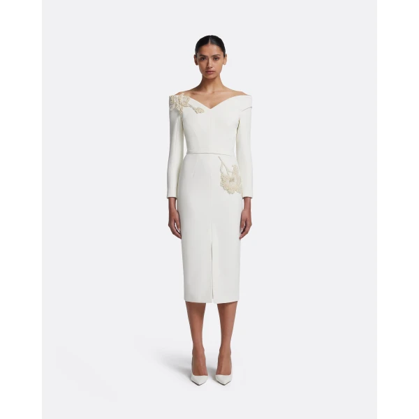 Safiyaa Asuman Midi Dress in Ivory with Pearl Embroidery - Safiyaa Dresses - Heavy Crepe Cape Gown - Shop at Luxury Shoes 