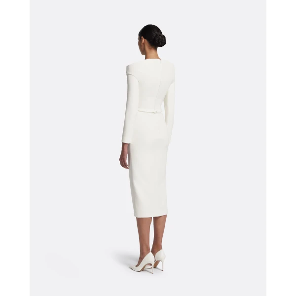 Safiyaa Asuman Midi Dress in Ivory with Pearl Embroidery - Safiyaa Dresses - Heavy Crepe Cape Gown - Shop at Luxury Shoes 