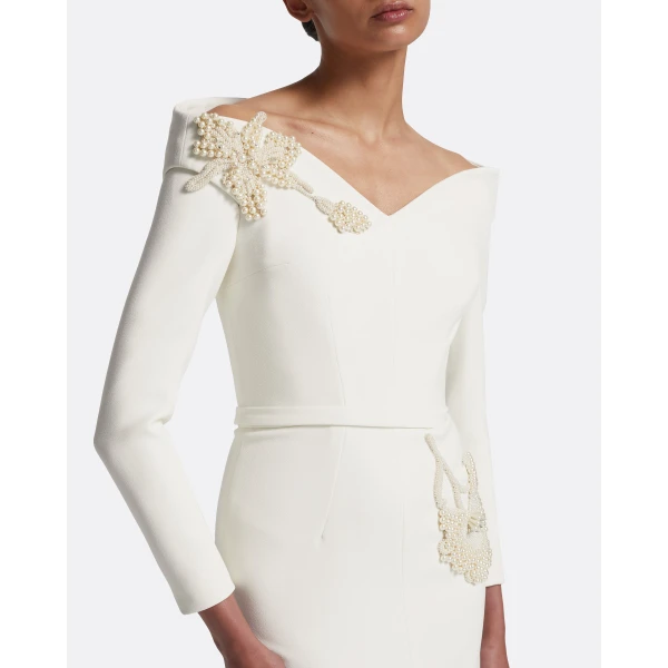 Safiyaa Asuman Midi Dress in Ivory with Pearl Embroidery - Safiyaa Dresses - Heavy Crepe Cape Gown - Shop at Luxury Shoes 