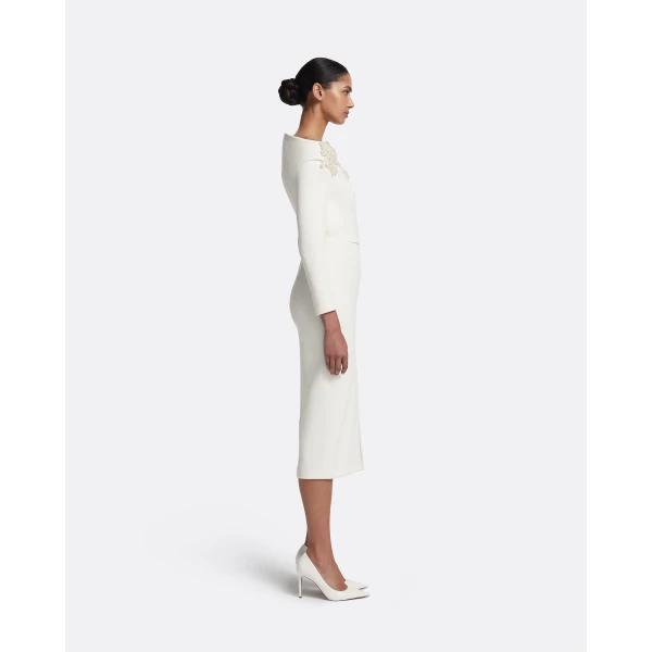 Safiyaa Asuman Midi Dress in Ivory with Pearl Embroidery - Safiyaa Dresses - Heavy Crepe Cape Gown - Shop at Luxury Shoes 
