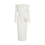 Safiyaa Asuman Midi Dress in Ivory with Pearl Embroidery - Safiyaa Dresses - Heavy Crepe Cape Gown - Shop at Luxury Shoes 