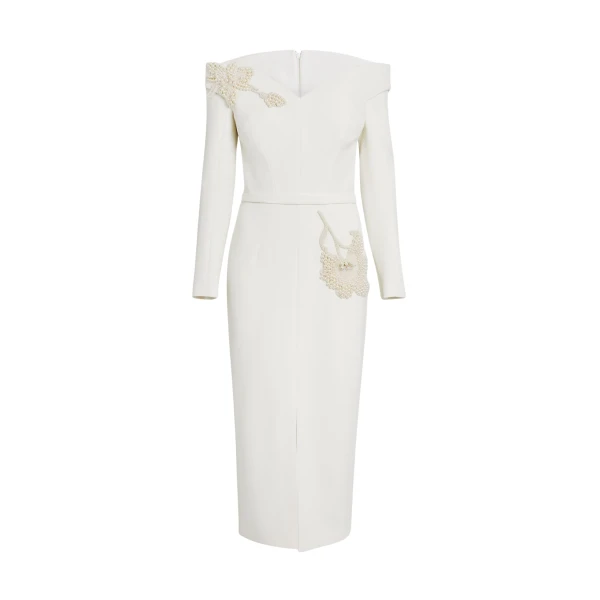 Safiyaa Asuman Midi Dress in Ivory with Pearl Embroidery - Safiyaa Dresses - Heavy Crepe Cape Gown - Shop at Luxury Shoes 