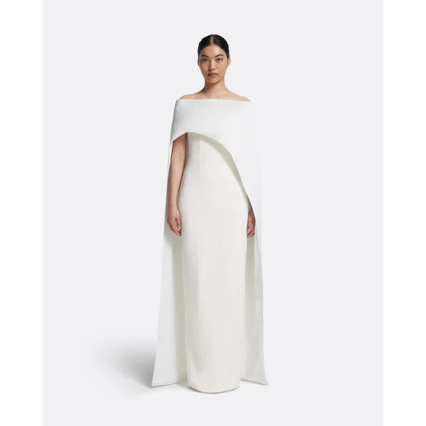 Safiyaa Azrael Long Dress & Maddox Harness in Porcelain - Safiyaa Dresses - Heavy Crepe Cape Gown - Shop at Luxury Shoes 