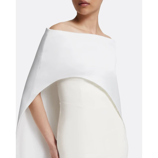 Safiyaa Azrael Long Dress & Maddox Harness in Porcelain - Safiyaa Dresses - Heavy Crepe Cape Gown - Shop at Luxury Shoes 