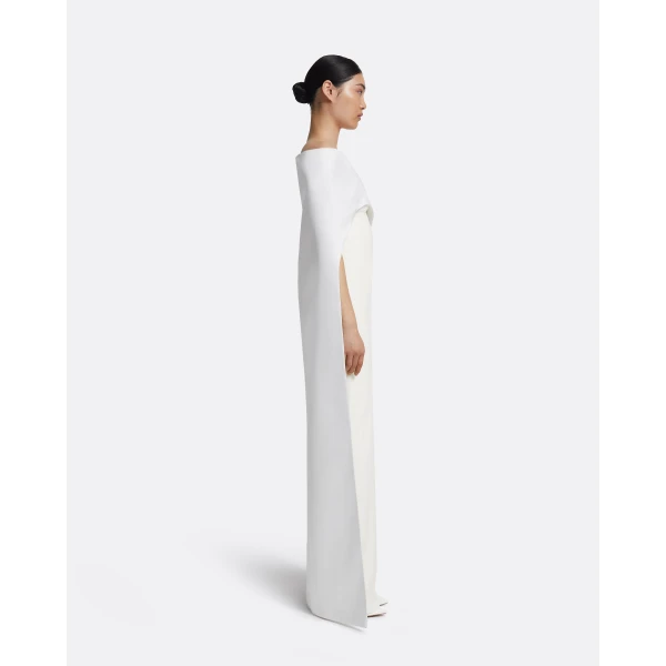 Safiyaa Azrael Long Dress & Maddox Harness in Porcelain - Safiyaa Dresses - Heavy Crepe Cape Gown - Shop at Luxury Shoes 