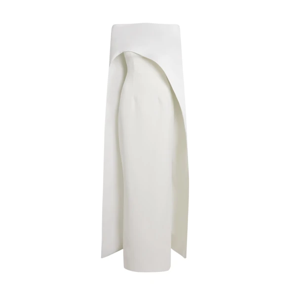 Safiyaa Azrael Long Dress & Maddox Harness in Porcelain - Safiyaa Dresses - Heavy Crepe Cape Gown - Shop at Luxury Shoes 