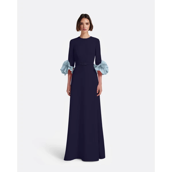Safiyaa Belen Long Dress in Azurite & Vista - Safiyaa Dresses - Heavy Crepe Cape Gown - Shop at Luxury Shoes 