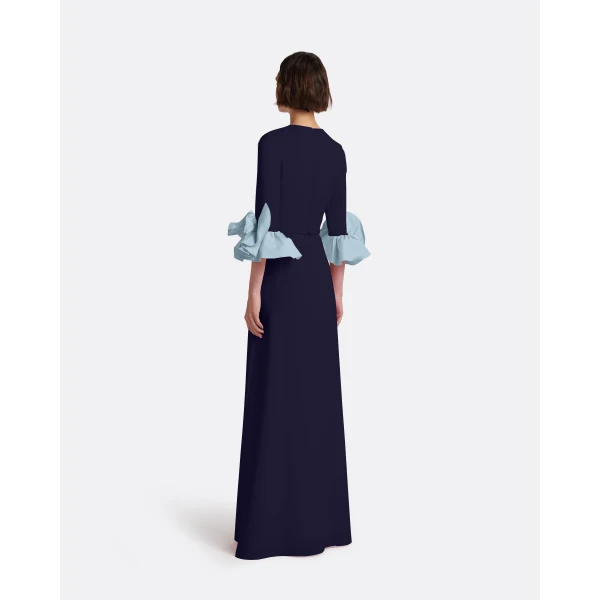 Safiyaa Belen Long Dress in Azurite & Vista - Safiyaa Dresses - Heavy Crepe Cape Gown - Shop at Luxury Shoes 